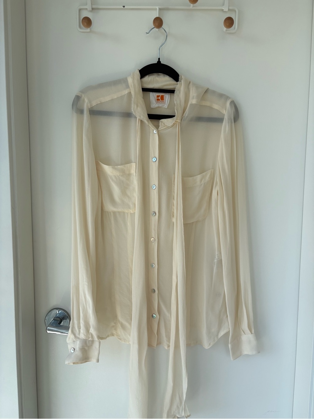 Hugo Boss Sheer Ivory Tie-Neck Blouse